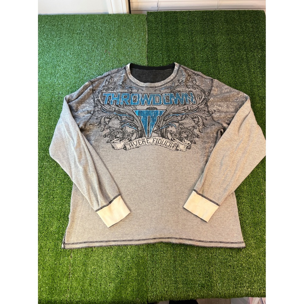Throwdown Mens Long Sleeve‎ Thermal Shirt Grey MMA Graphic Waffle Knit Y2K XXL